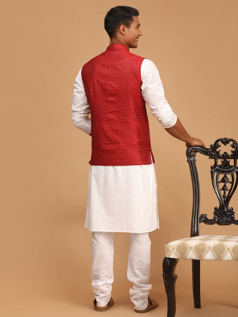 Vastramay Men's Maroon Jacquard Nehru Jacket with Kurta Pyjama Set